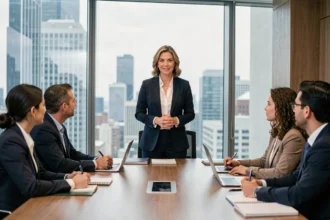 Une femme leader dirige une réunion dans une salle de conférence moderne, illustrant les compétences en leadership professionnel