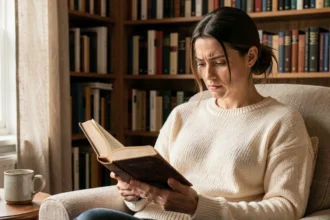 Femme concentrée lisant un livre dans une bibliothèque personnelle chaleureuse, illustrant les qualités d'un bon lecteur