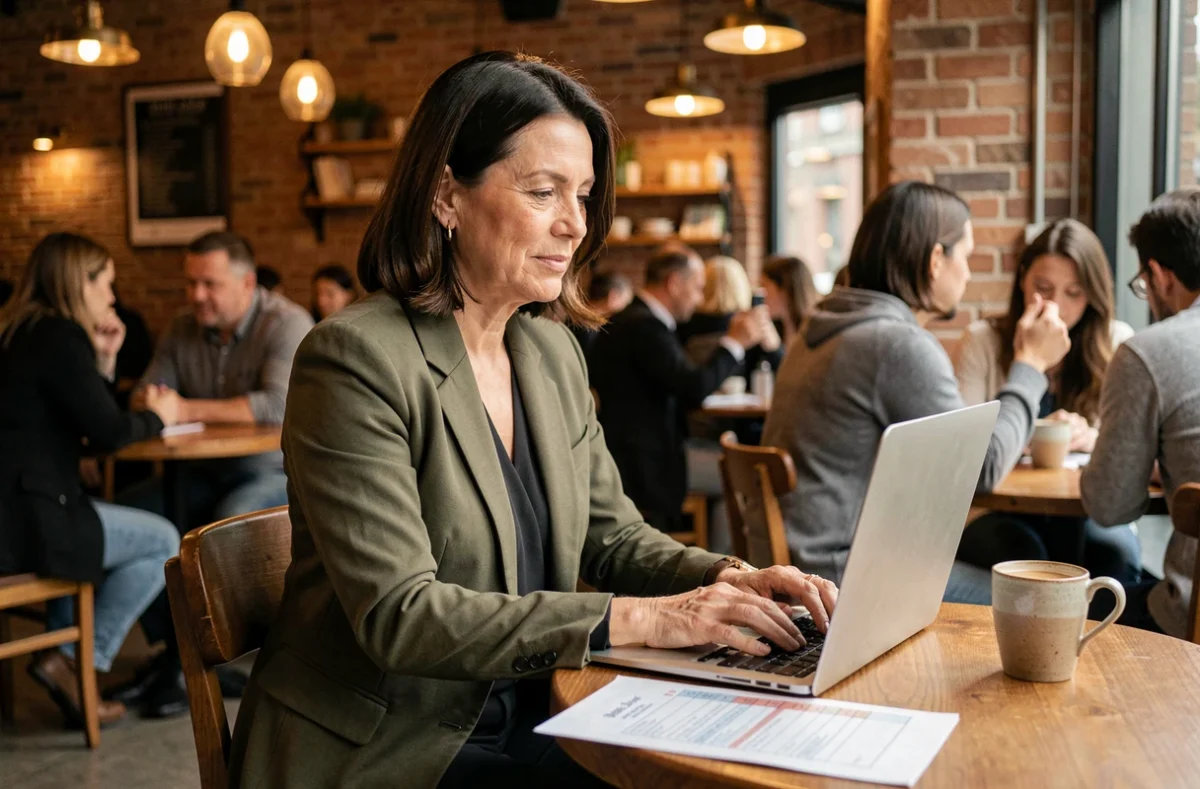 Femme travaillant sur sa lettre de motivation dans un café urbain avec checklist imprimée