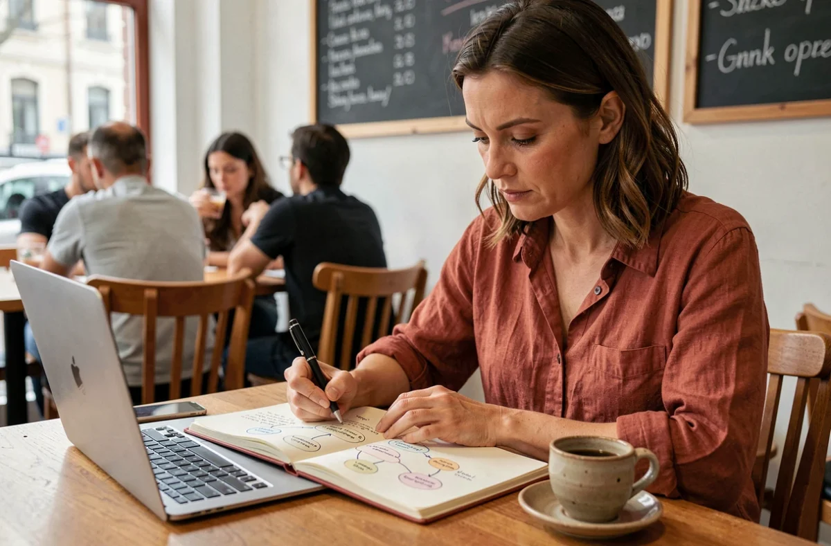 Femme prenant des notes sur les 5C de la communication dans un café urbain