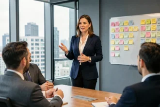 Femme professionnelle présentant un pitch devant des collègues dans une salle de réunion moderne