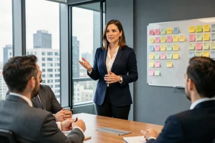 Femme professionnelle présentant un pitch devant des collègues dans une salle de réunion moderne