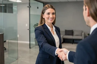 Femme professionnelle souriante tendant la main pour une poignée de main lors d'un entretien d'embauche en entreprise