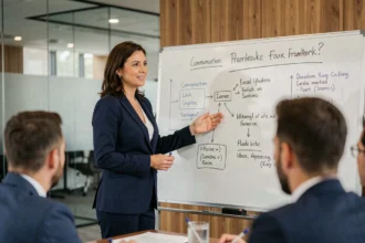 Professionnelle présentant un cadre de communication en 5 étapes lors d'une réunion en entreprise