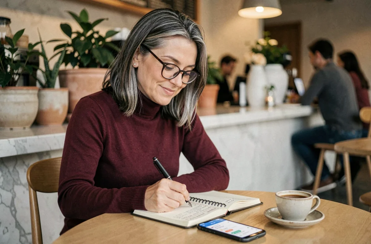 Femme sereine pratiquant le time-blocking dans un journal structuré dans un café minimaliste pour mieux organiser son temps et éviter la procrastination