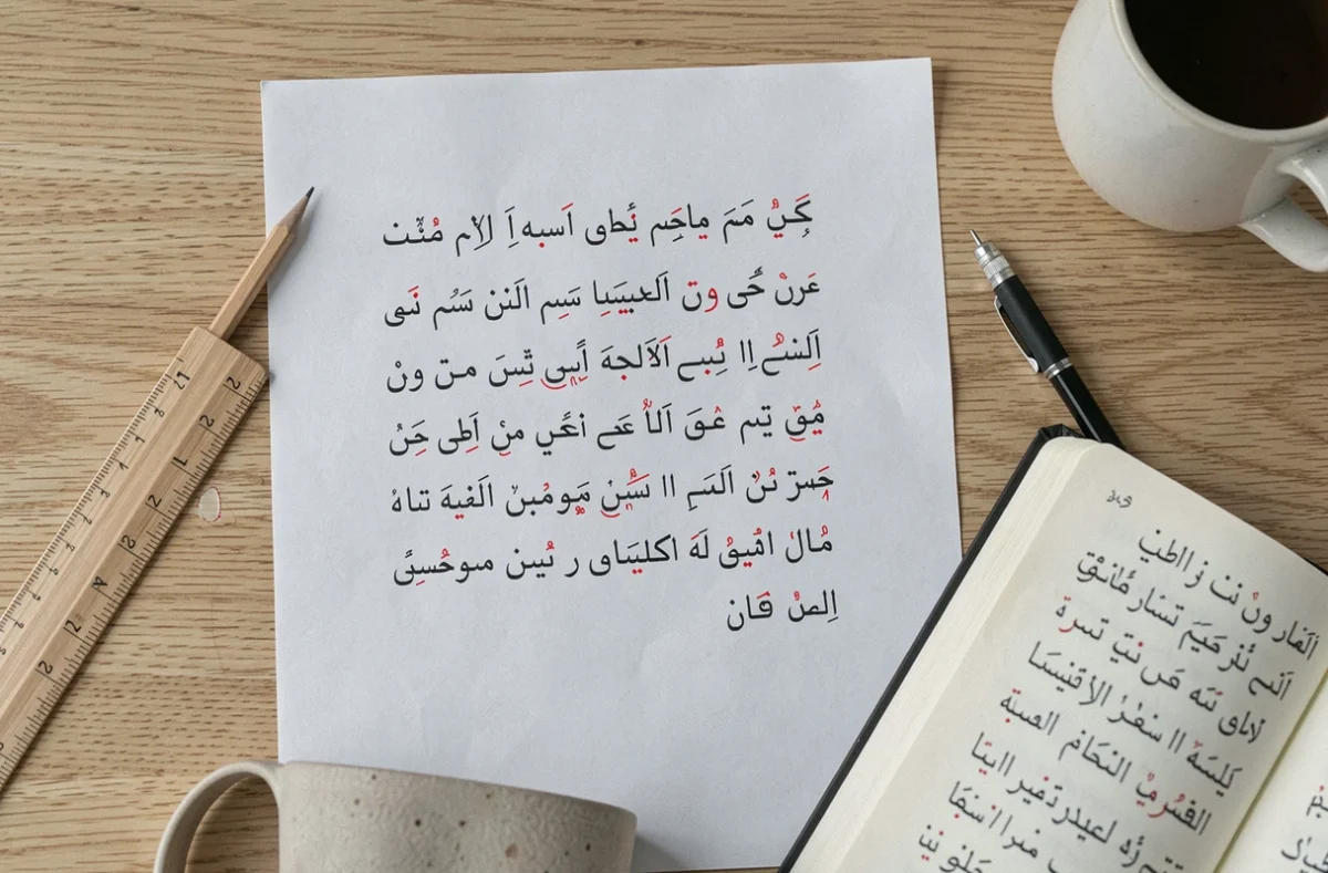 Feuille de cours d'arabe montrant les signes diacritiques Fatha et Kasra annotés en rouge