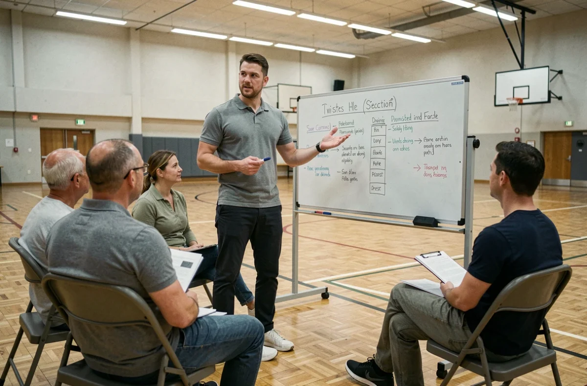 Formateur expliquant le contenu du CQP à un groupe de stagiaires dans une salle de sport municipale