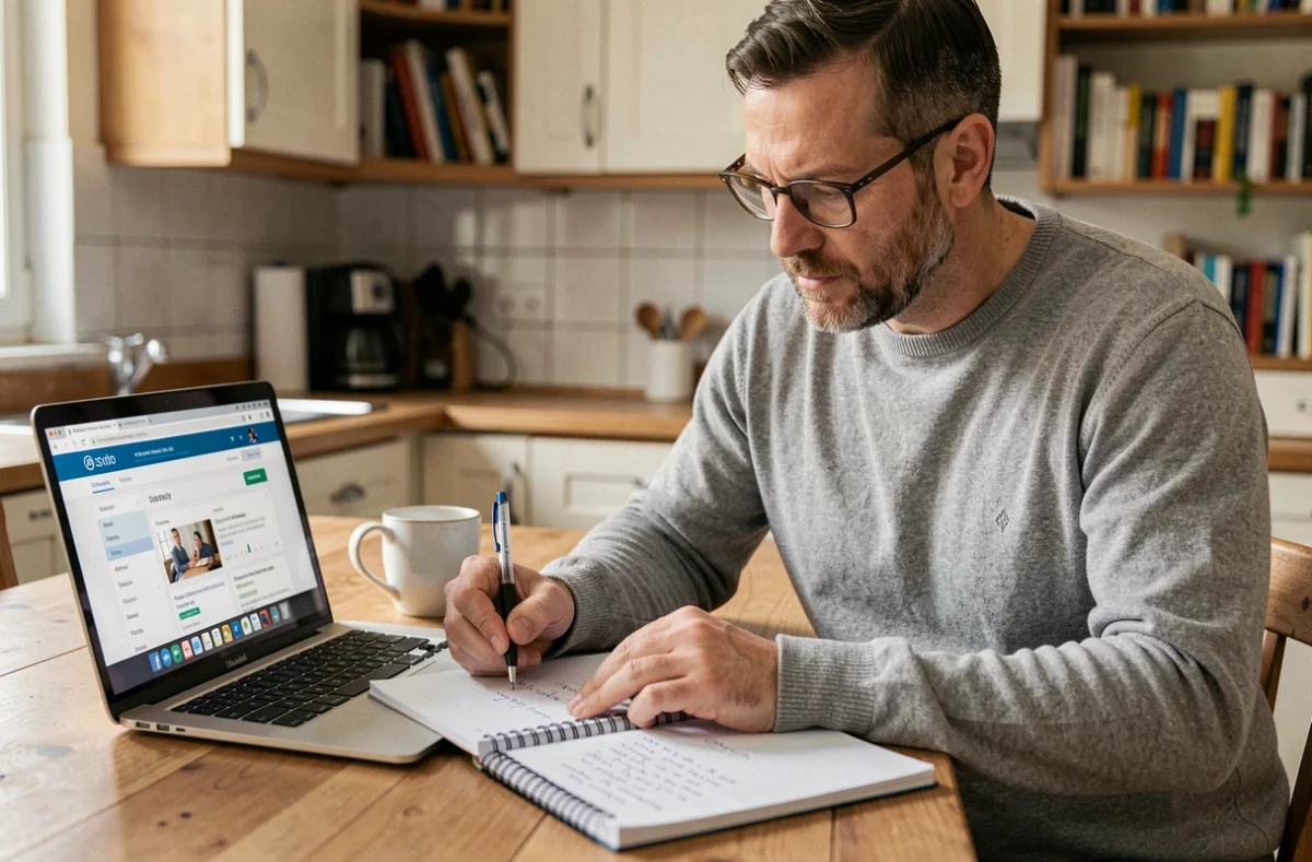 Un homme en reconversion professionnelle suit une formation en ligne financée par Pôle Emploi depuis son domicile