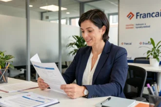 Une femme consulte des documents sur les formations financées par Pôle Emploi dans une agence France Travail