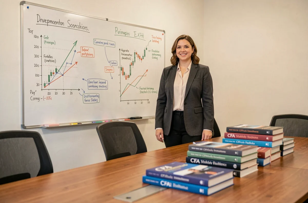 Femme en formation de gestion de portefeuille devant un tableau blanc avec des graphiques financiers dans une salle de conférence professionnelle