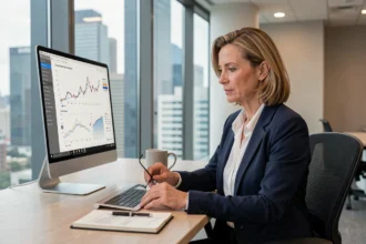 Femme professionnelle analysant des données financières sur un écran d'ordinateur dans un bureau moderne