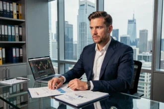Gestionnaire de portefeuille masculin en costume marine analysant des graphiques financiers dans un bureau moderne avec vue sur la ville