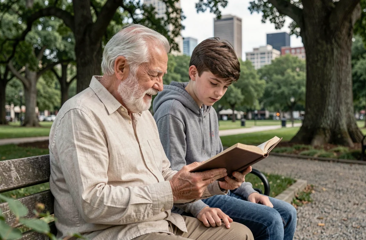Un grand-père et son petit-fils adolescent partageant la lecture dans un parc, symbolisant le passage entre les générations