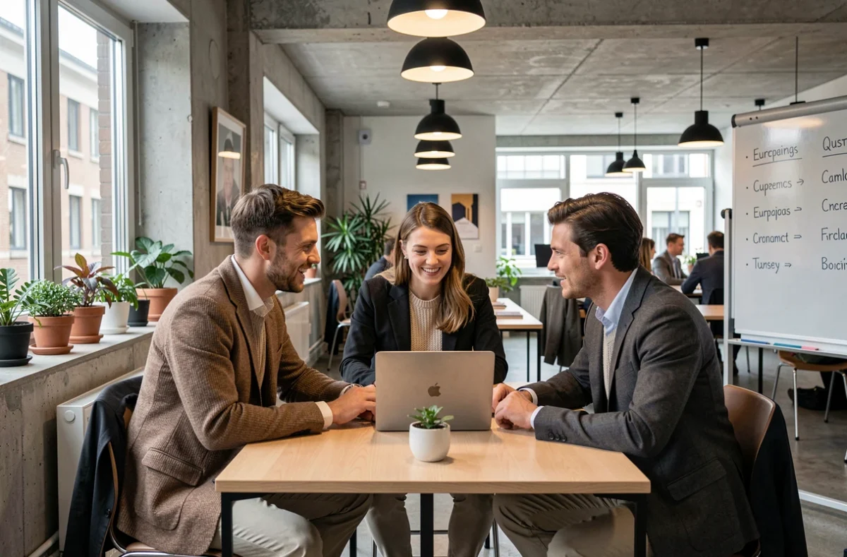 Groupe d'étudiants en master discutant des meilleures formations universitaires en Europe autour d'un ordinateur portable