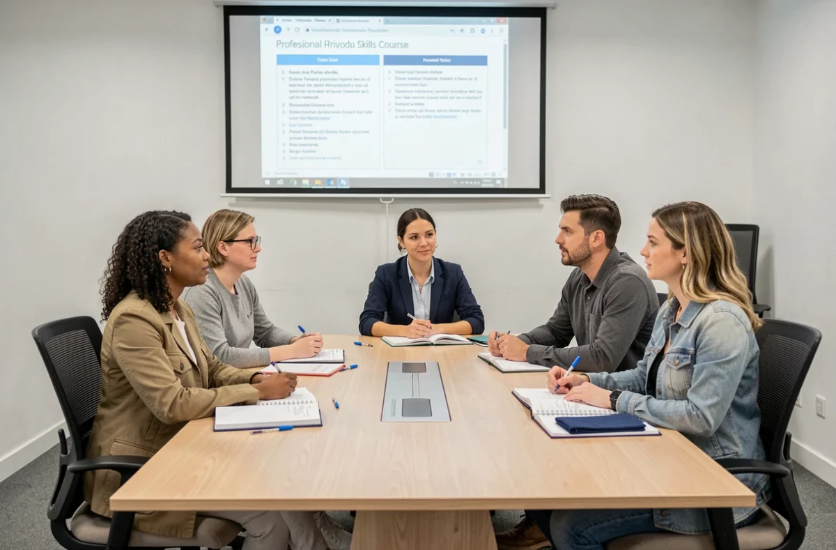 Groupe de demandeurs d'emploi participant à une session de formation professionnelle financée par Pôle Emploi dans un centre agréé