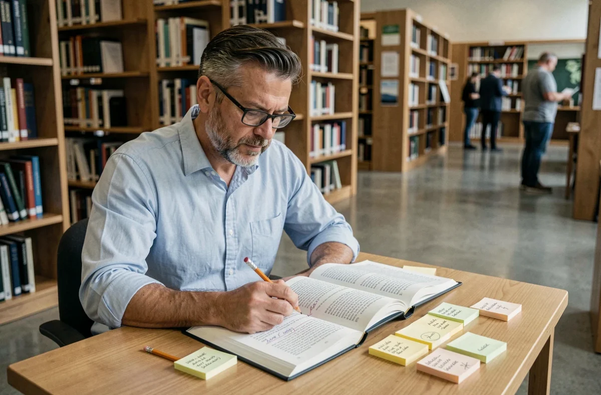 Homme avec lunettes prenant des notes dans une bibliothèque publique, symbole des qualités analytiques d'un bon lecteur