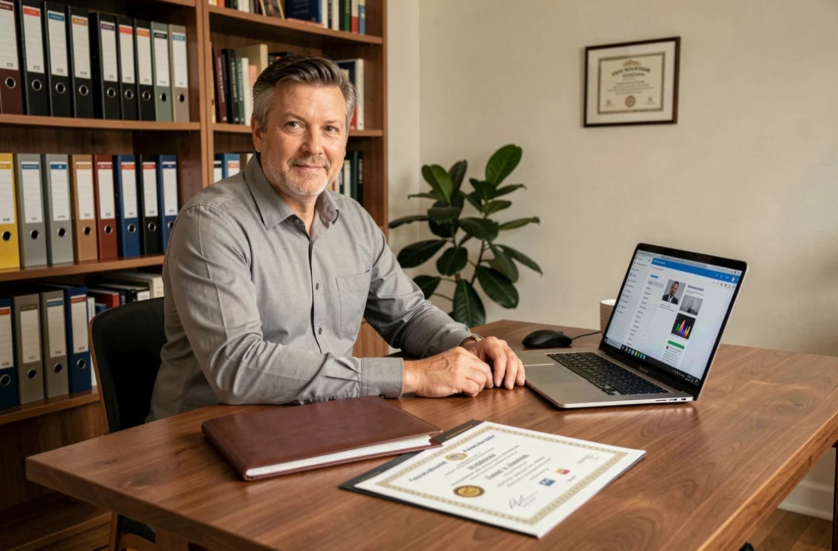 Homme assis à un bureau comparant des certificats professionnels et un diplôme universitaire