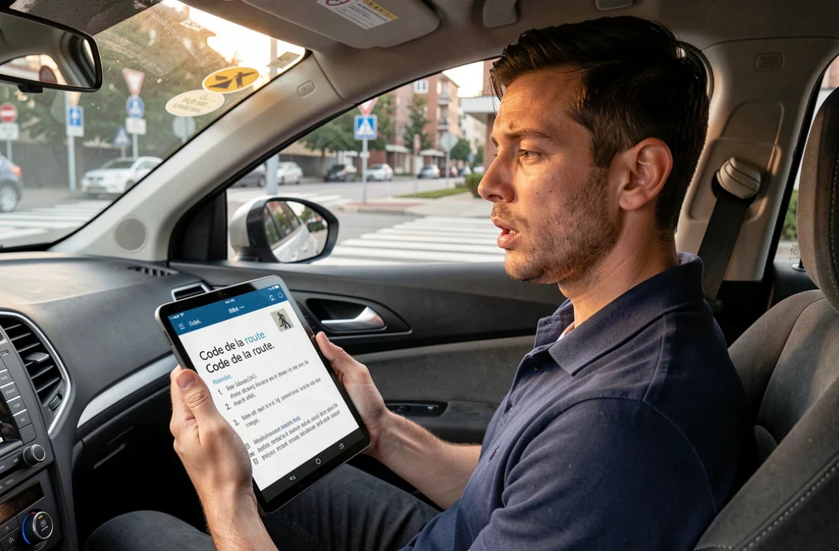 Homme dans une voiture d'auto-école consultant une question de code de la route sur tablette