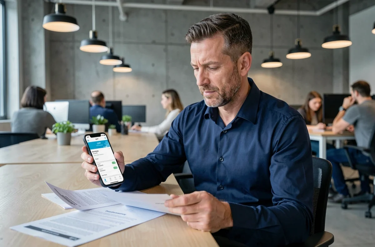 Homme en espace de coworking consultant son compte CPF sur smartphone pour financer une formation professionnelle