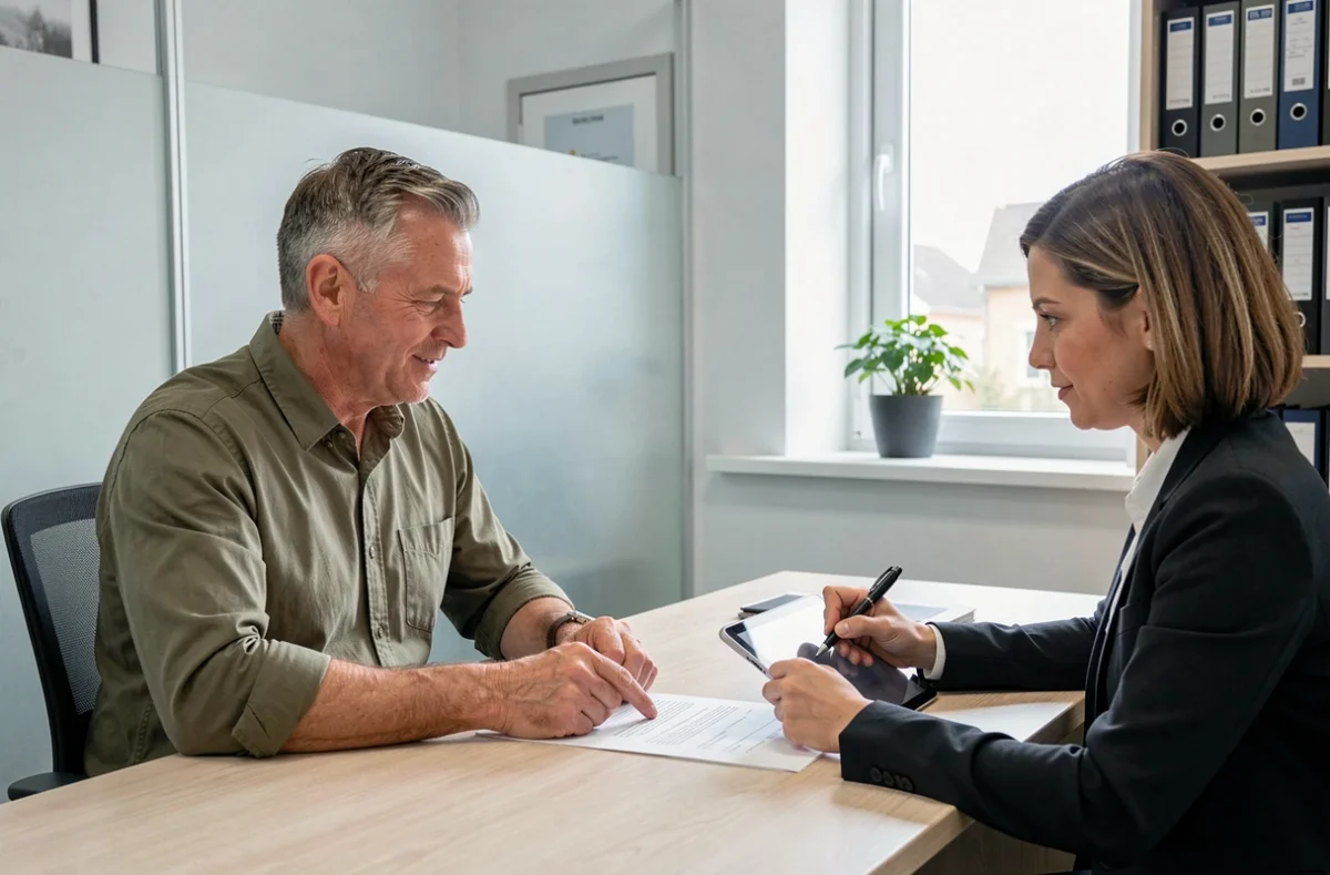 Homme discutant de son expérience bénévole avec un conseiller emploi lors d'une révision de CV