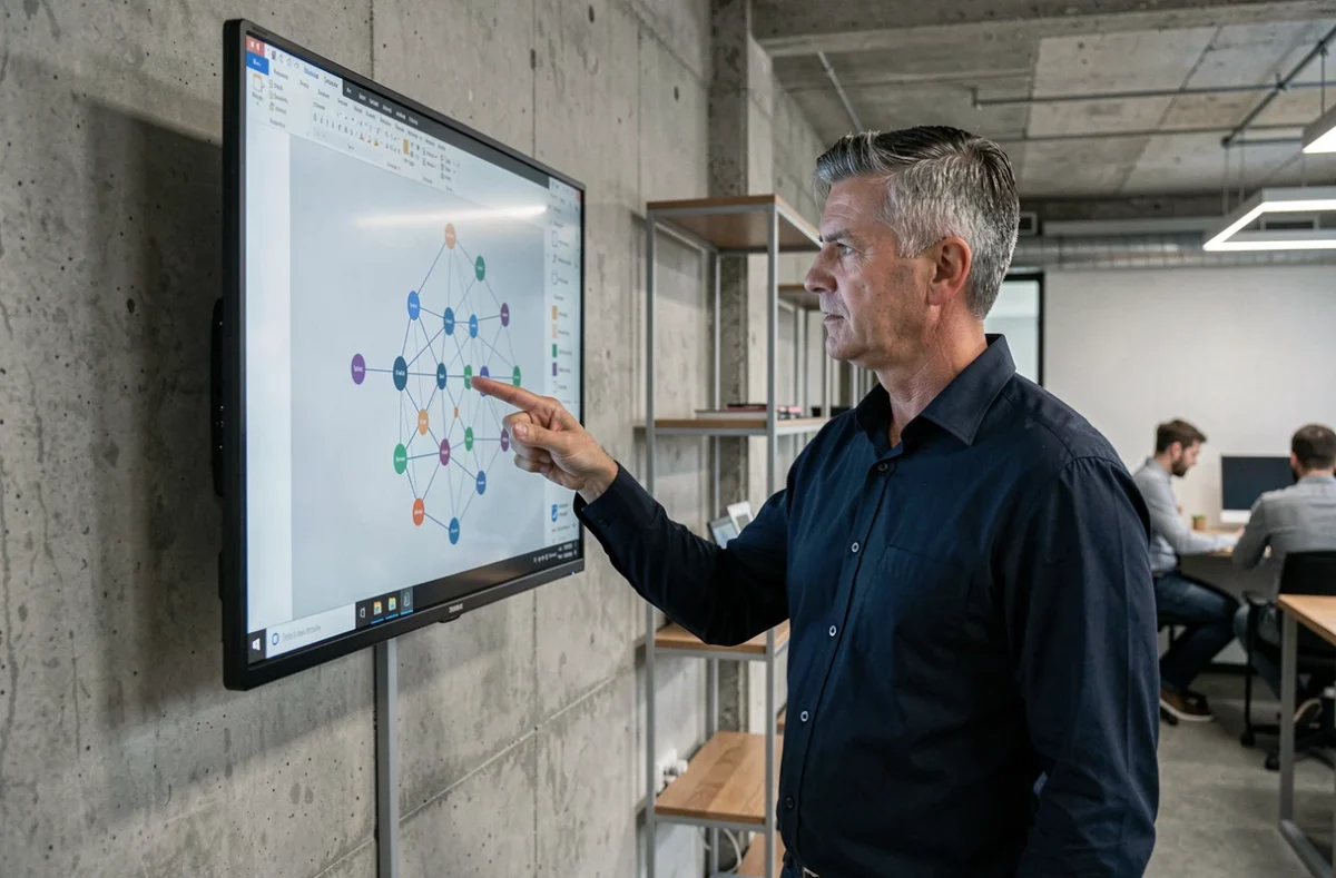 Homme d'affaires pointant un schéma de réseau neuronal sur grand écran dans un espace de coworking moderne pour apprendre l'IA