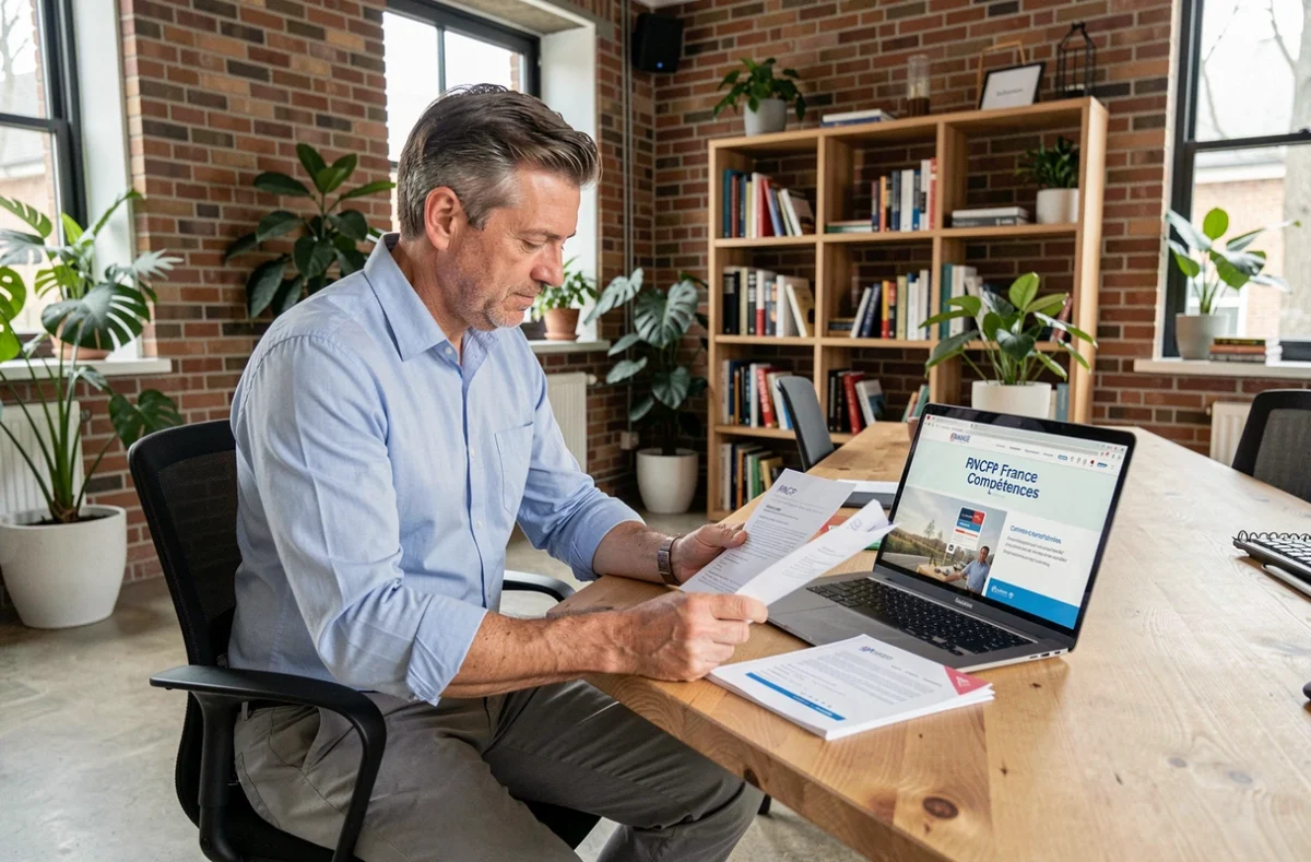 Homme consultant des documents de certification RNCP sur un bureau en bois dans un bureau moderne