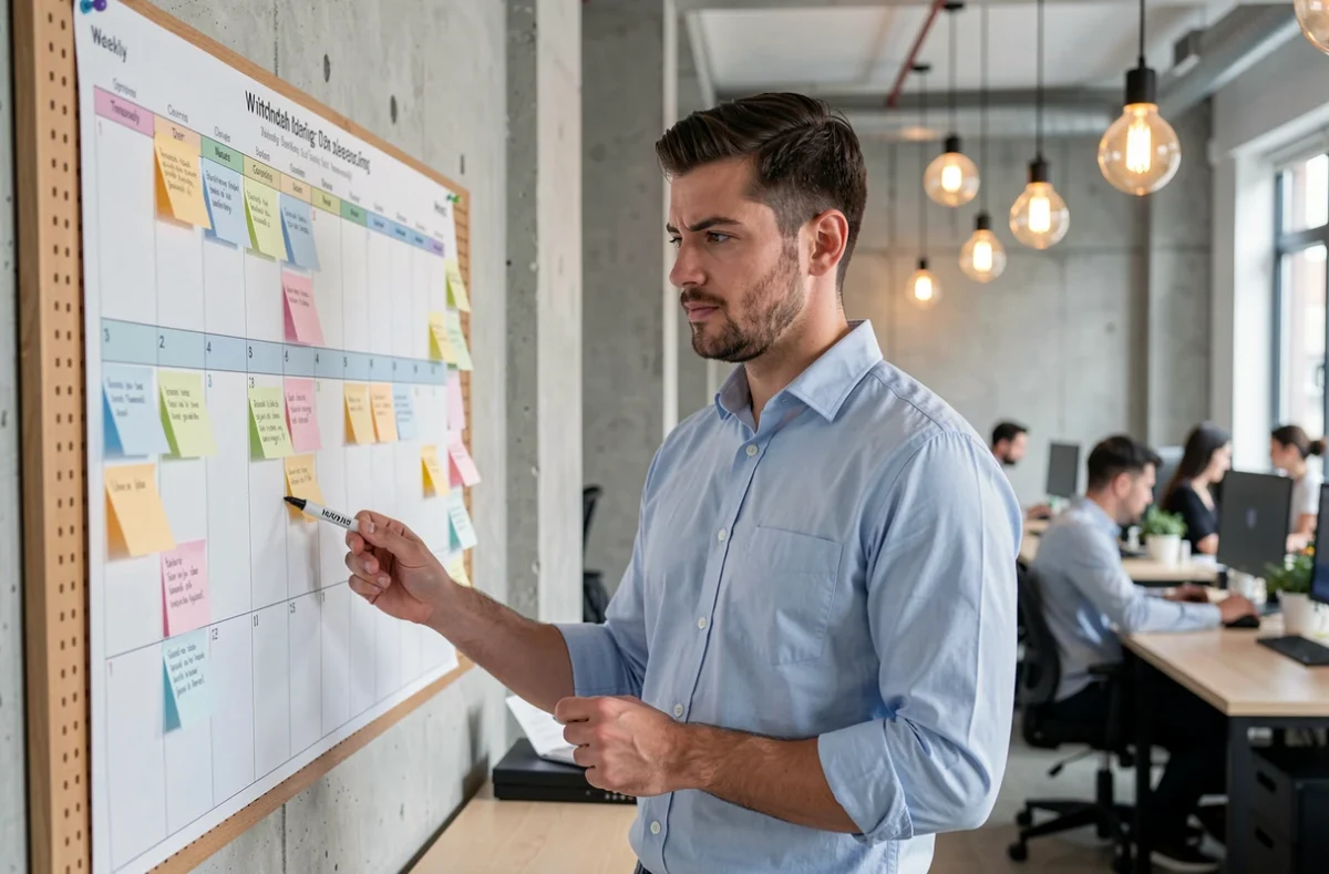 Homme debout devant un tableau de planification hebdomadaire coloré dans un bureau moderne pour organiser ses tâches et vaincre la procrastination