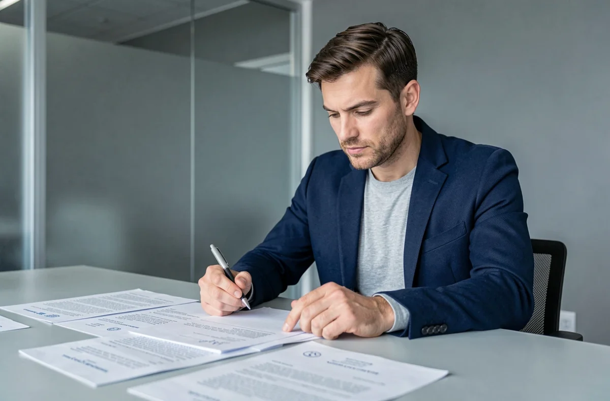 Homme en costume relisant sa lettre de motivation dans un bureau professionnel moderne
