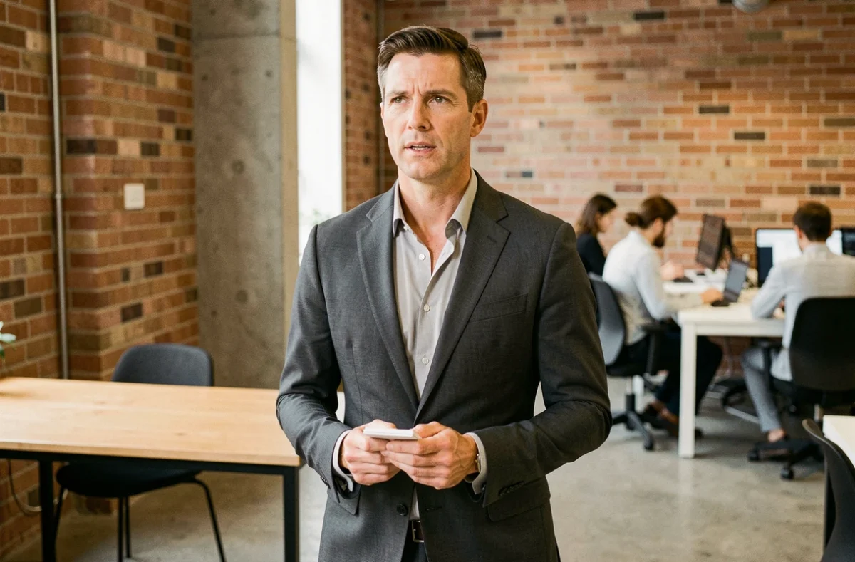 Homme en costume répétant son pitch dans un espace de coworking moderne