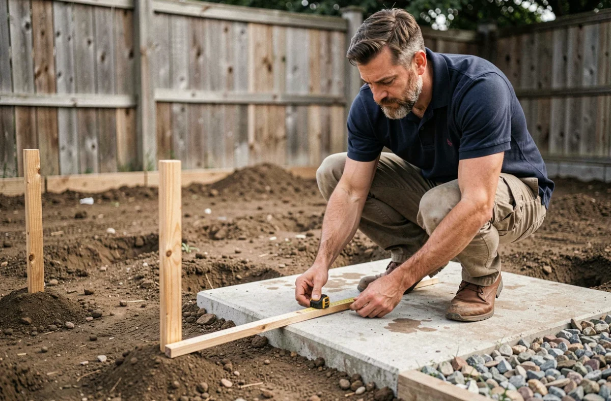 Homme mesurant un triangle 3-4-5 avec un mètre ruban sur un chantier extérieur
