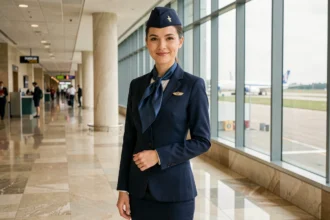 Hôtesse de l'air en uniforme bleu marine dans un terminal d'aéroport, posture professionnelle et sourire confiant