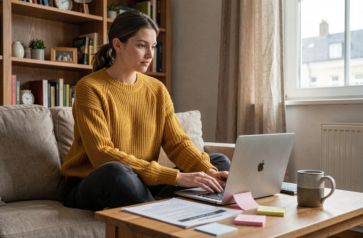 Jeune femme travaillant son CV depuis chez elle, intégrant ses activités bénévoles dans son parcours professionnel