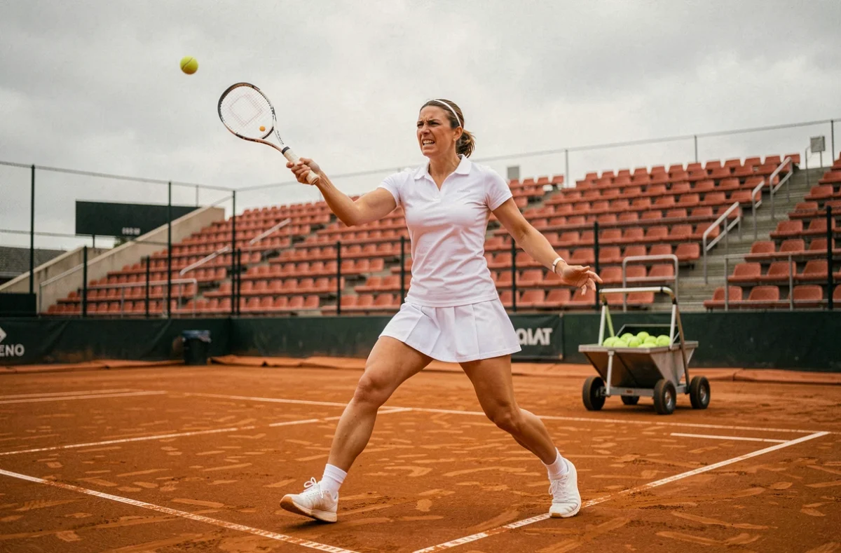Joueuse de tennis seule sur un court en terre battue lors d'un tournoi, représentant les sports individuels