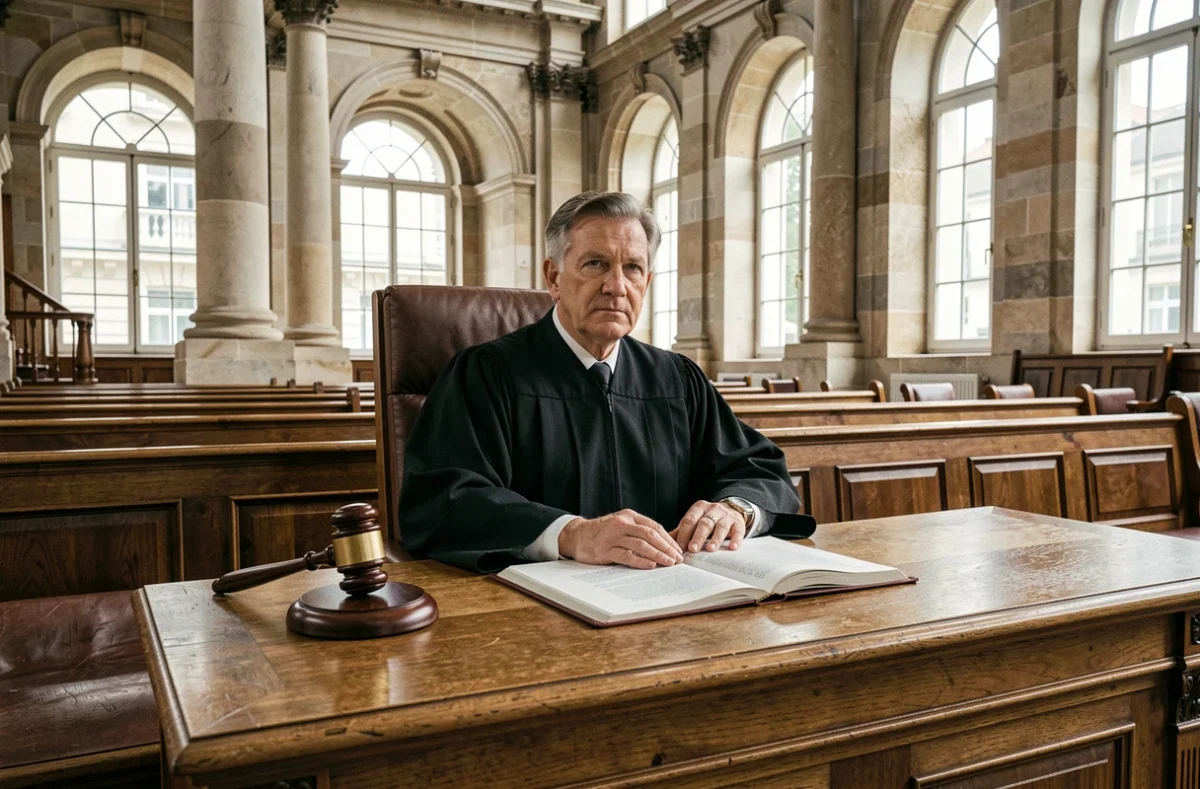 Juge en robe noire assis au banc d'un tribunal classique avec un marteau et des documents juridiques
