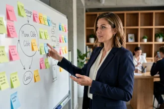 Une femme professionnelle devant un tableau blanc avec des schémas de stratégie de communication en entreprise