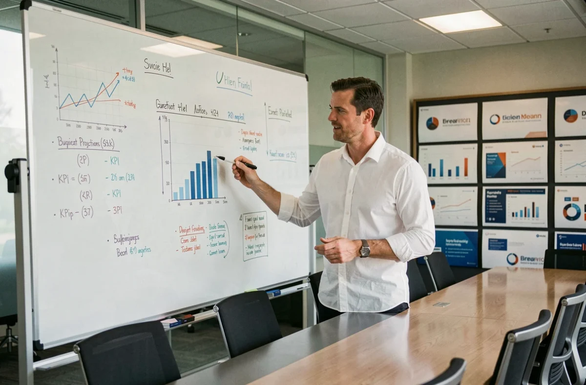 Manager financier présentant des projections budgétaires sur un tableau blanc en salle de réunion