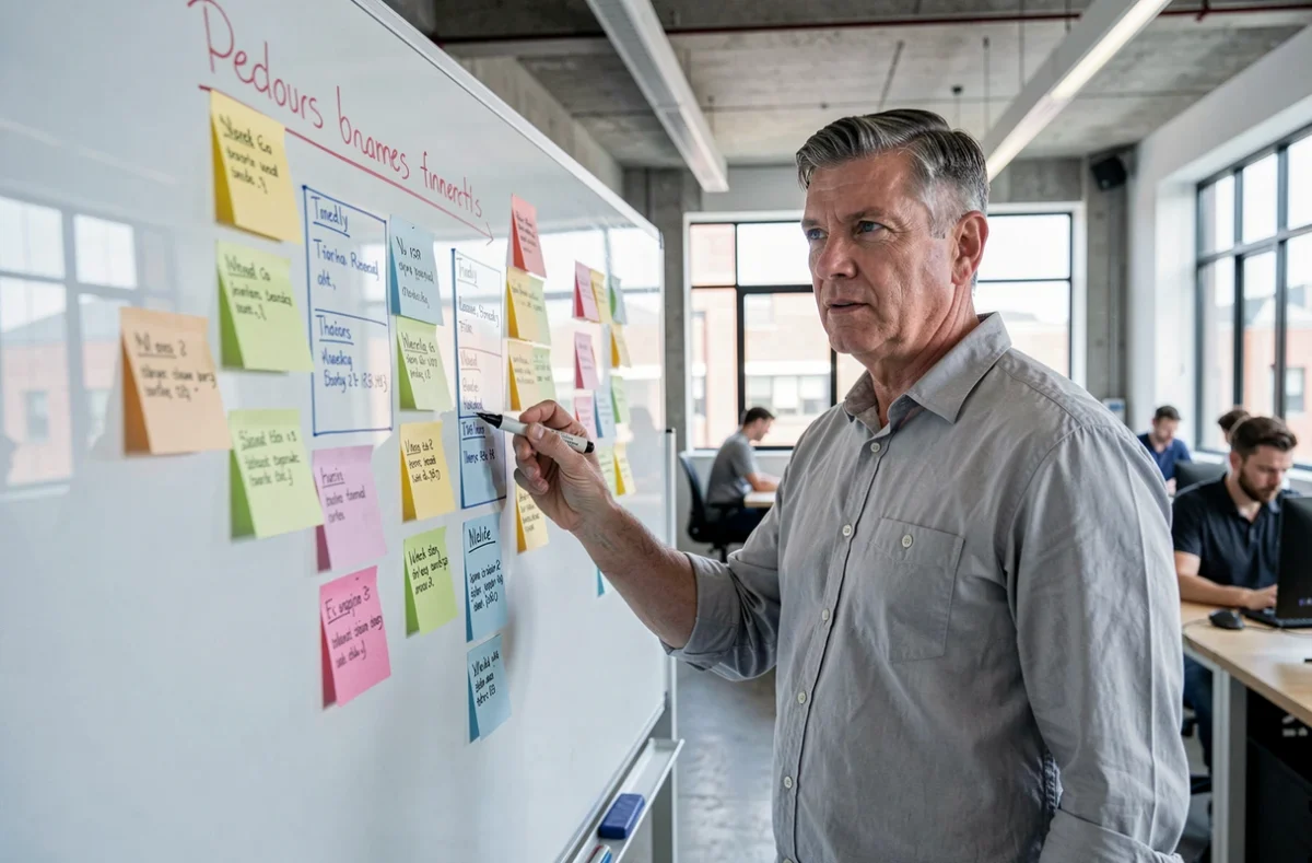 Manager présentant un planning hebdomadaire sur tableau blanc dans un bureau moderne, symbole de gestion du temps efficace