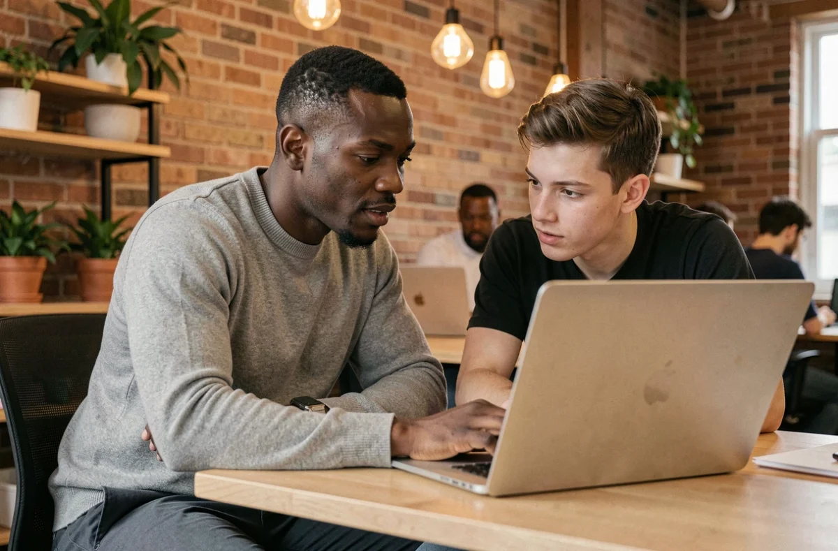 Un mentor partage ses compétences en leadership avec un jeune collègue dans un espace de coworking moderne