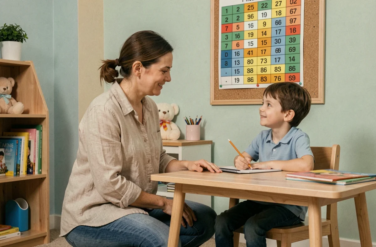 Mère aidant son fils à apprendre la table de 8 devant un tableau de multiplication affiché dans sa chambre