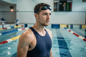 Nageur en compétition individuelle au bord d'une piscine olympique intérieure, illustrant les sports individuels