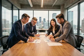 Équipe professionnelle réunie autour d'une table de conférence pour définir les objectifs stratégiques d'une entreprise