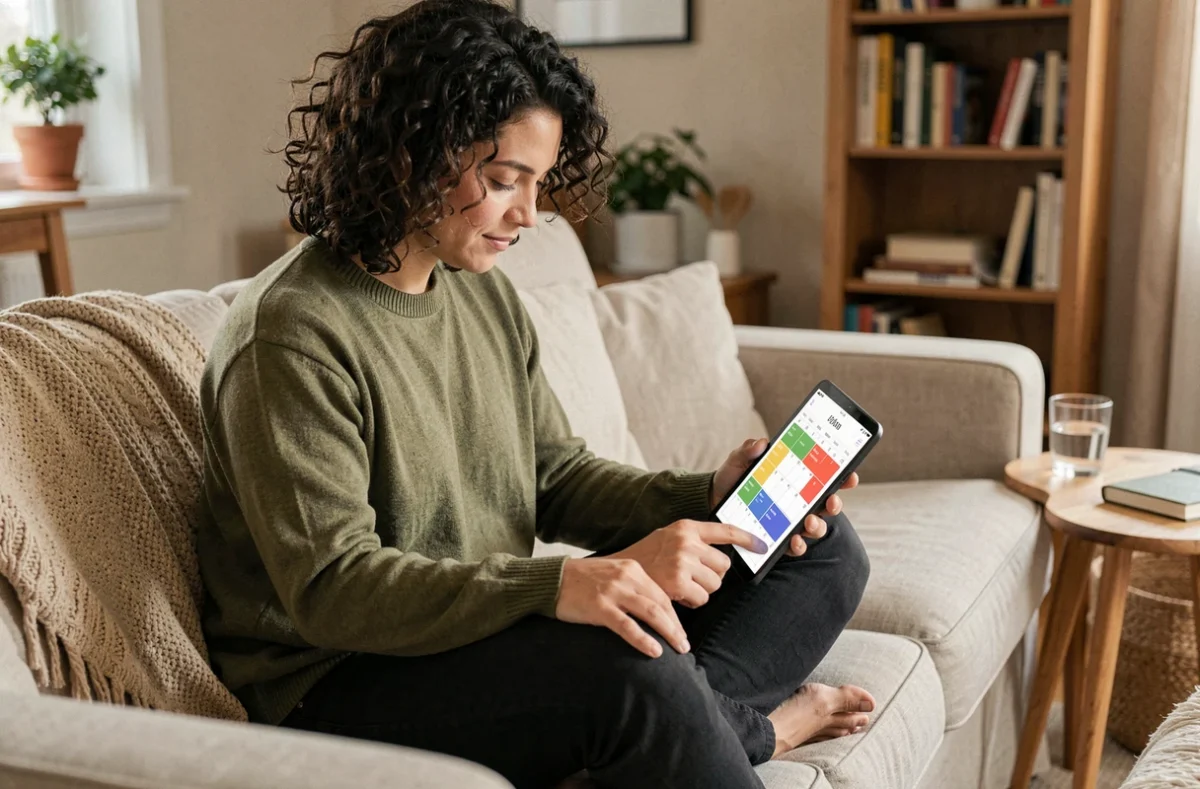 Personne organisant son emploi du temps sur tablette dans un salon cosy, illustrant la confiance renforcée par la gestion du temps