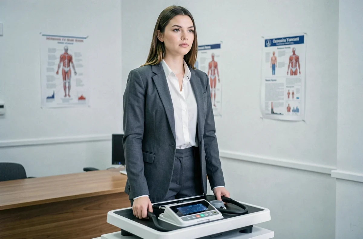 Jeune femme se pesant sur une balance médicale lors d'une visite de santé professionnelle pour un poste de navigante