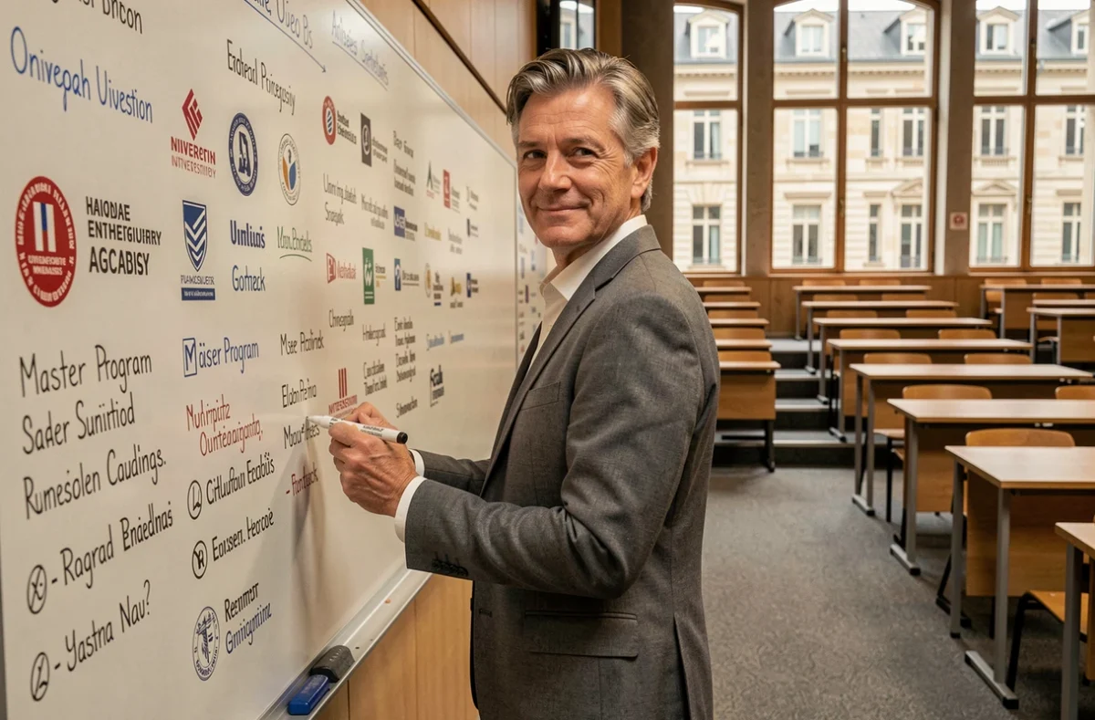 Professeur d'université expliquant les masters les plus demandés en Europe devant un tableau dans un amphithéâtre