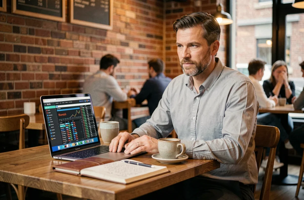 Professionnel en finance analysant des données de portefeuille sur ordinateur portable dans un café urbain avec journal de notes