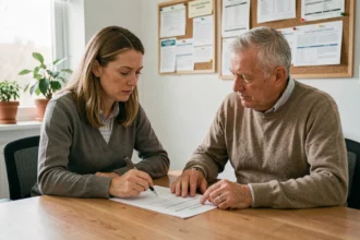 Travailleuse sociale et bénéficiaire examinant un projet personnalisé d'accompagnement ensemble dans un bureau associatif