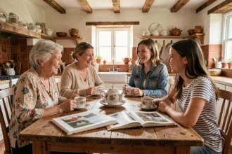 Quatre générations de femmes d'une même famille réunies autour d'une table en bois, illustrant le concept de génération et ses synonymes