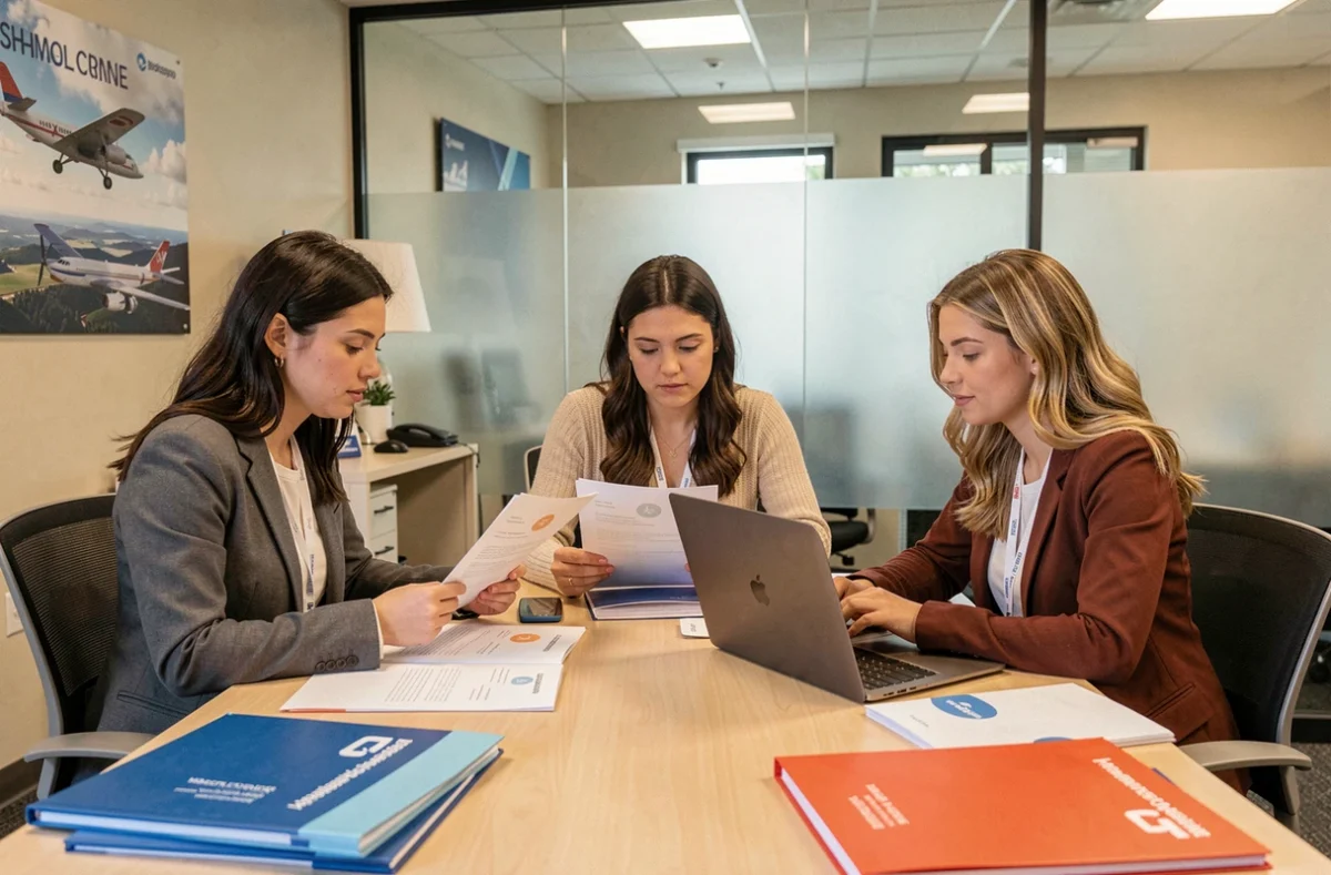 Candidates à un poste d'hôtesse de l'air lors d'une session de recrutement compulsant des documents dans une salle de formation aéronautique