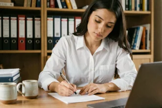 Jeune femme rédigeant une lettre de motivation à son bureau à domicile avec concentration