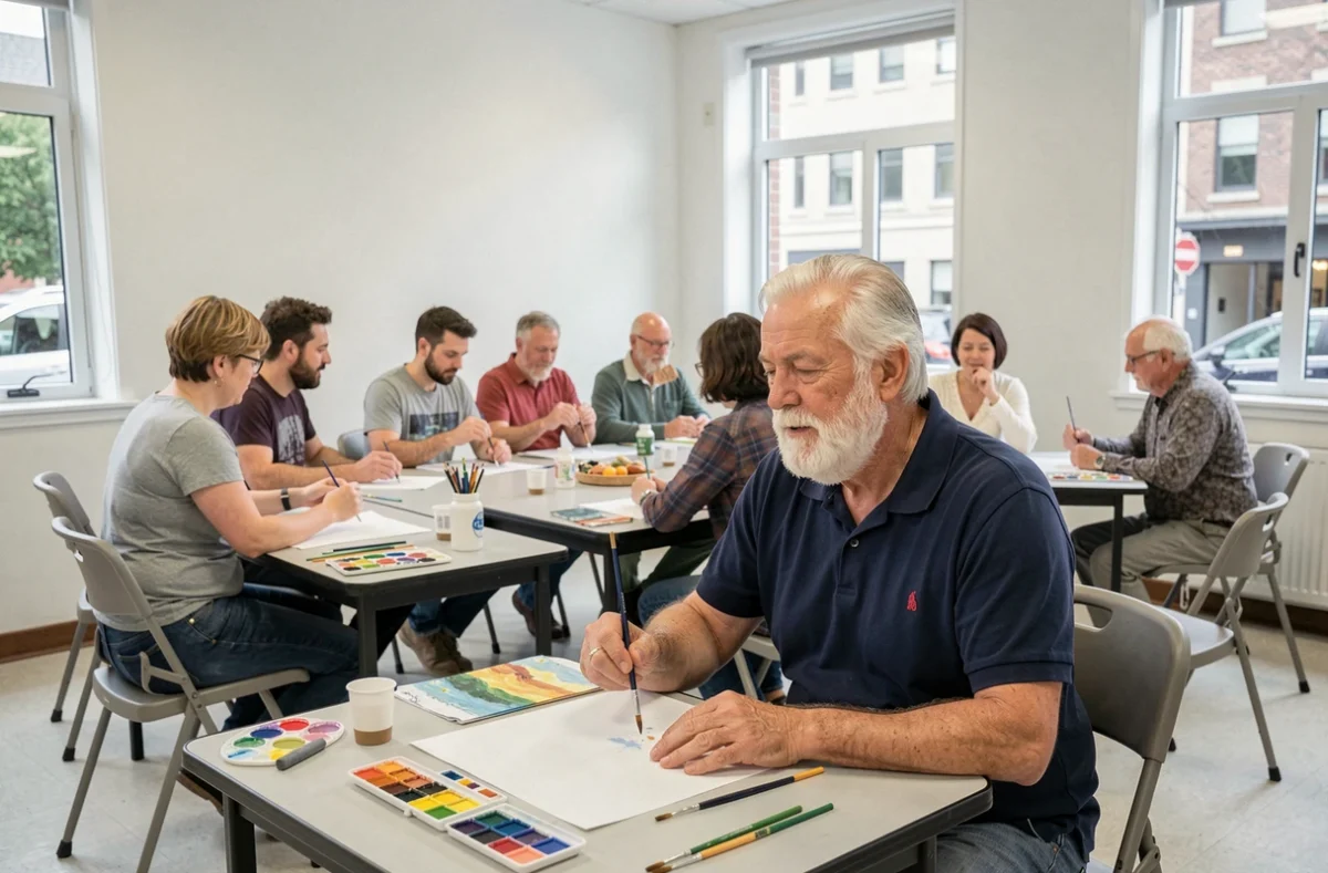 Homme retraité participant à un atelier de peinture en groupe dans un centre communautaire